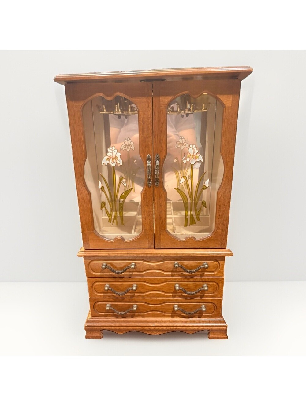19” Wooden Floral Jewelry Box W/Mirror 3 Drawers 2 Glass Doors Necklace Hooks
